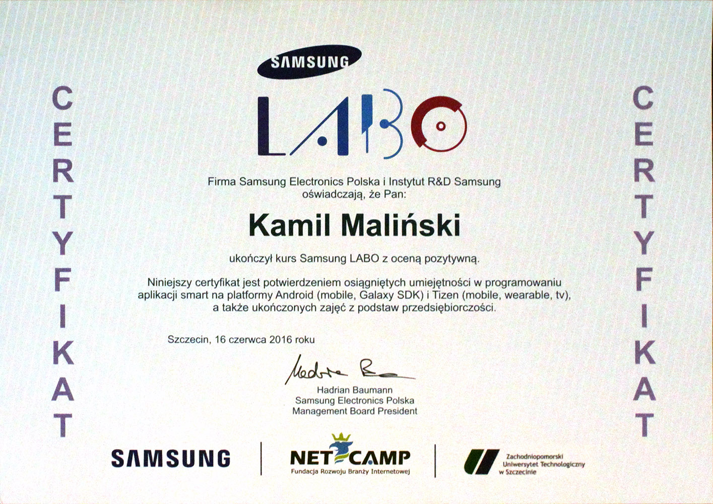 Certyfikat Samsung LABO
